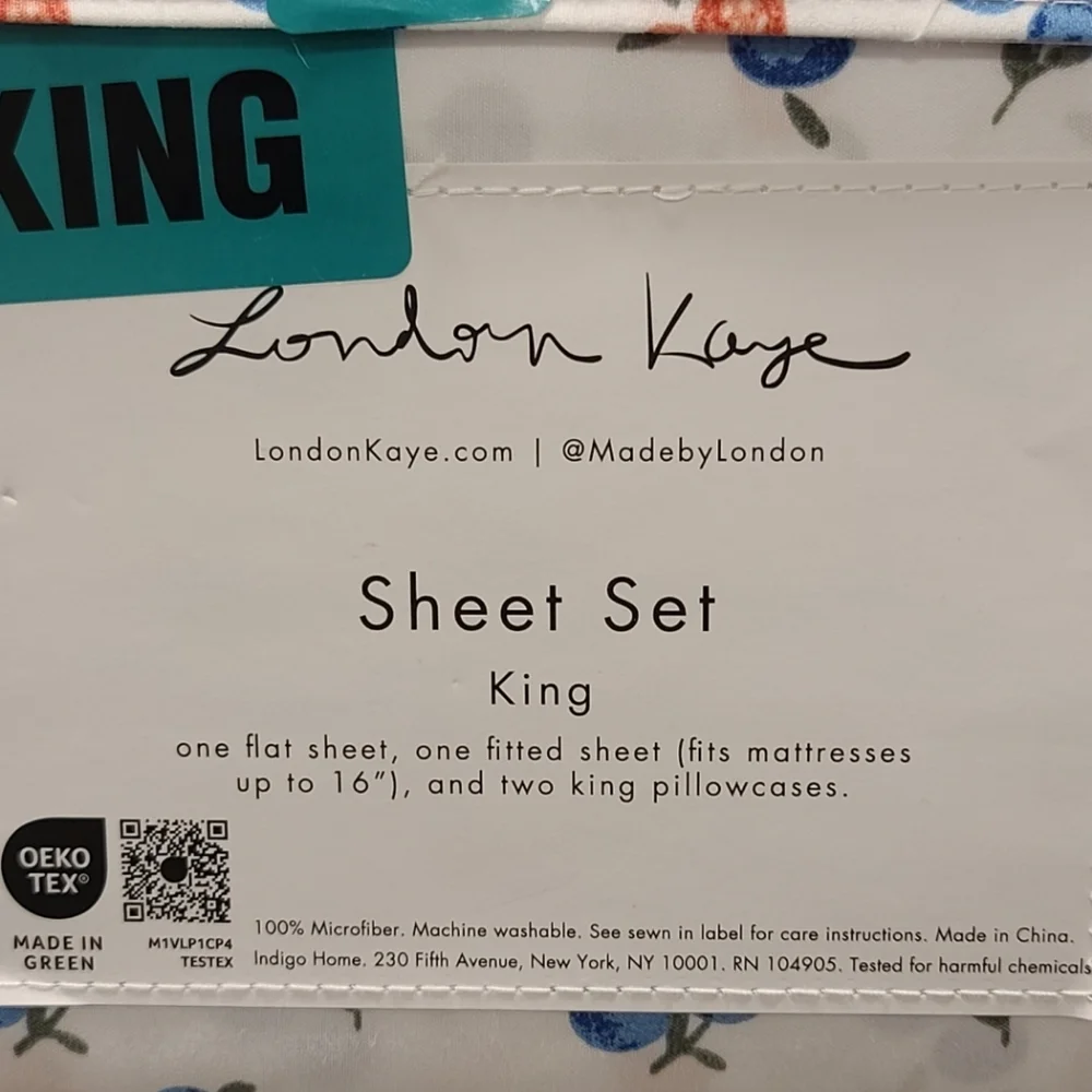 4pc Summer Strawberry / Blueberry King Bed Sheet Set Decor By London Kaye New